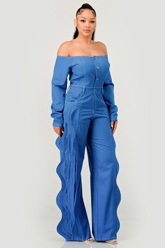 Off-Shoulder Wave Detail Denim Jumpsuit image 3
