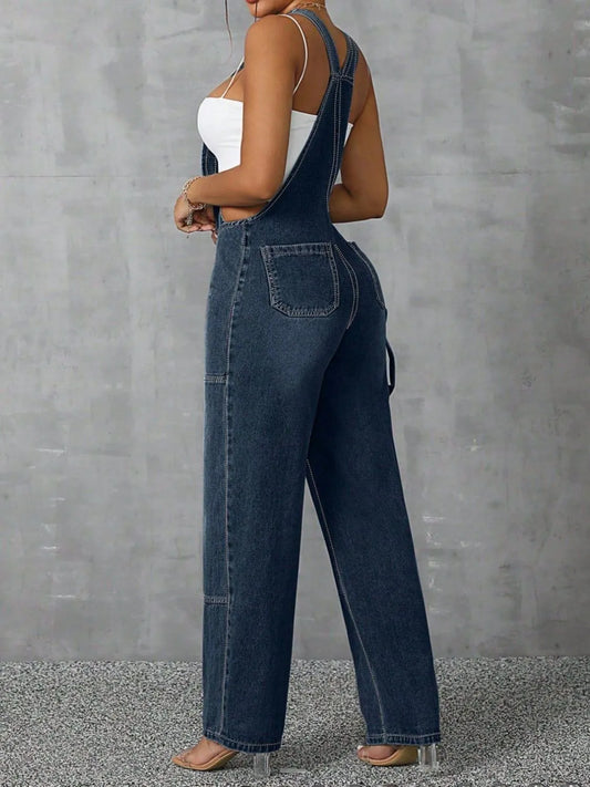 Zip Front Wide Strap Denim Overalls image 3