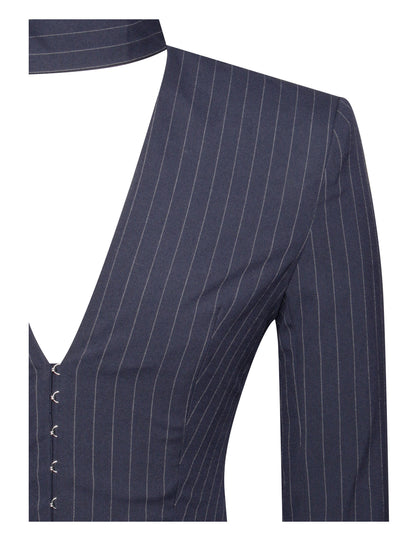 Tahlia Deep V Pinstripes Navy Blue Blazer Dress with scarf collar
