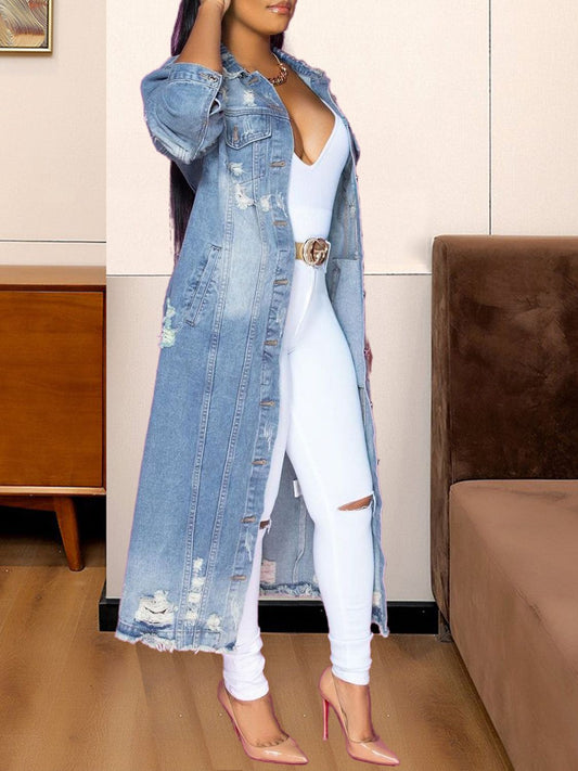 Long Sleeve Raw Hem Denim Jacket image 3