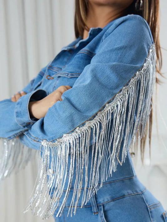 Fringe Half Button Long Sleeve Denim Jumpsuit image 2