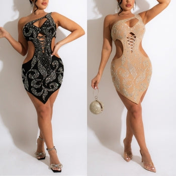 Sparkling Rhinestone One-Shoulder Cutout Mini Dress – High Stretch Plus Size