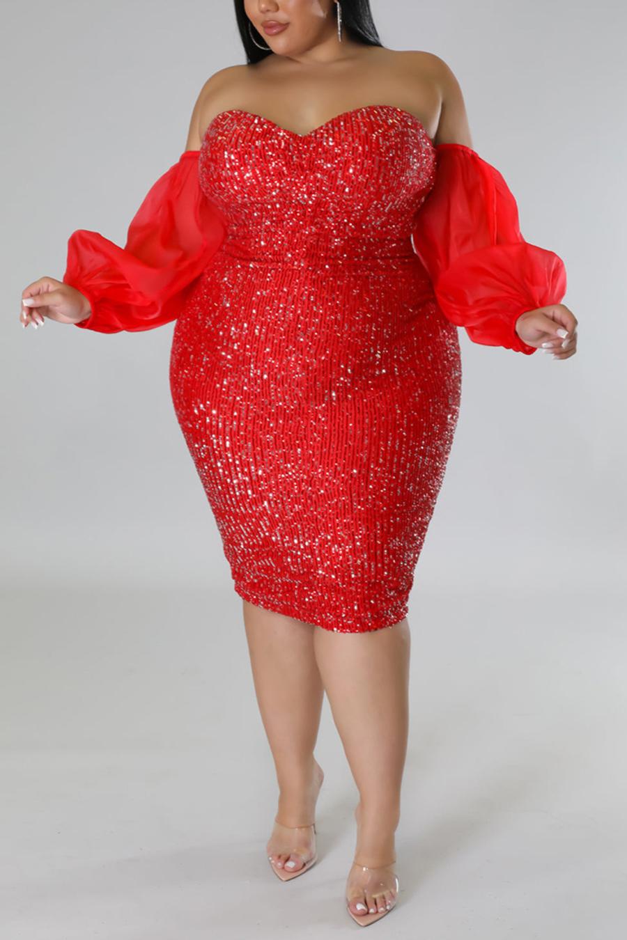 Plus Size Sequin Mini Dress with Sheer Off-the-Shoulder Sleeves