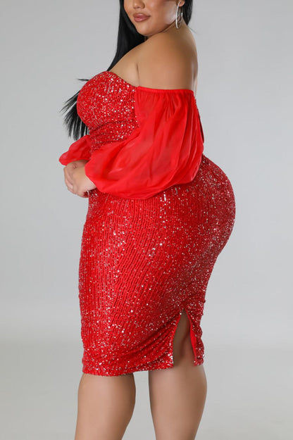 Plus Size Sequin Mini Dress with Sheer Off-the-Shoulder Sleeves