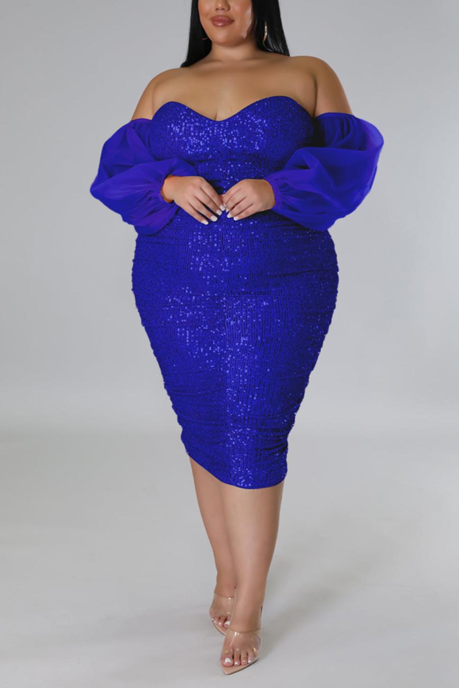 Plus Size Sequin Mini Dress with Sheer Off-the-Shoulder Sleeves