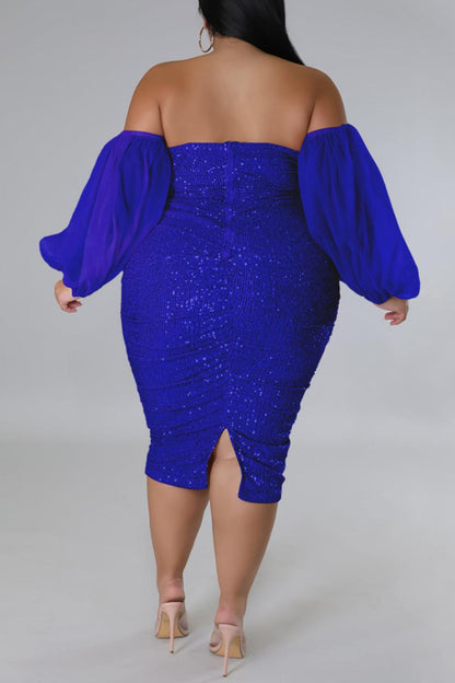 Plus Size Sequin Mini Dress with Sheer Off-the-Shoulder Sleeves