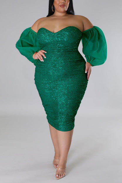 Plus Size Sequin Mini Dress with Sheer Off-the-Shoulder Sleeves