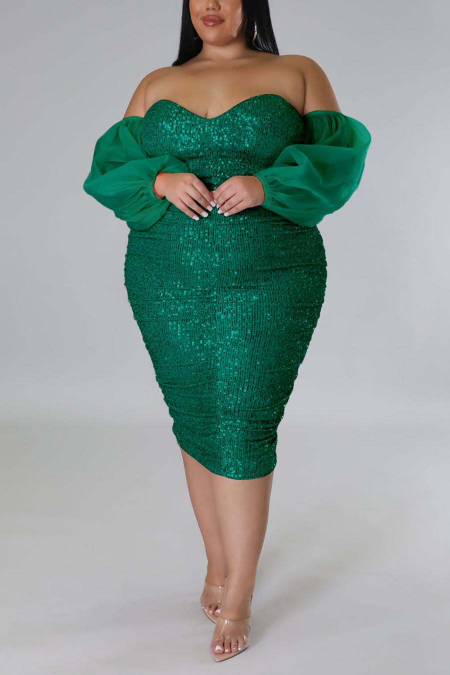 Plus Size Sequin Mini Dress with Sheer Off-the-Shoulder Sleeves