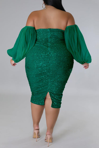Plus Size Sequin Mini Dress with Sheer Off-the-Shoulder Sleeves