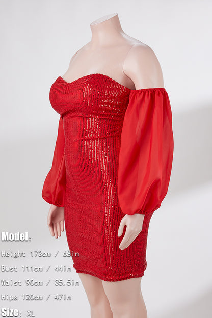 Plus Size Sequin Mini Dress with Sheer Off-the-Shoulder Sleeves