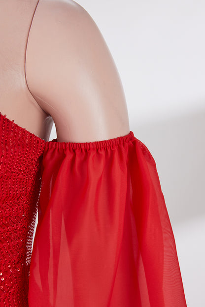 Plus Size Sequin Mini Dress with Sheer Off-the-Shoulder Sleeves