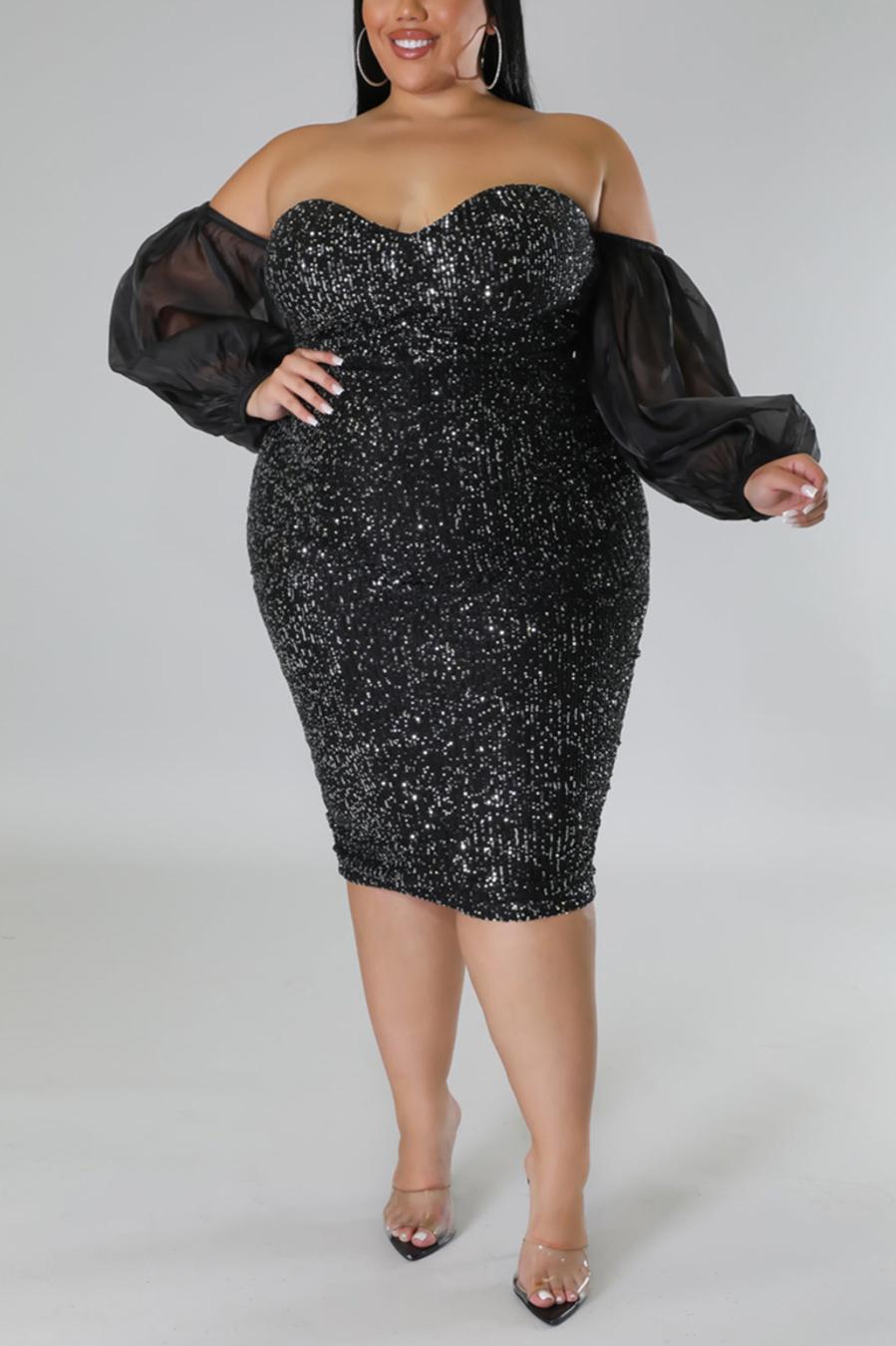Plus Size Sequin Mini Dress with Sheer Off-the-Shoulder Sleeves