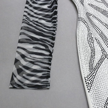 Rhinestone Zebra Print Mesh Dress - Sexy Spliced Slit Mini