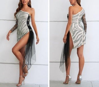 Rhinestone Zebra Print Mesh Dress - Sexy Spliced Slit Mini