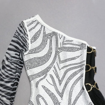 Rhinestone Zebra Print Mesh Dress - Sexy Spliced Slit Mini