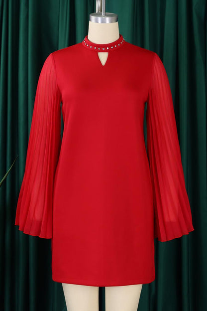 Rhinestone Collar Open Pleated Sleeve Mini Dress