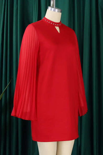 Rhinestone Collar Open Pleated Sleeve Mini Dress