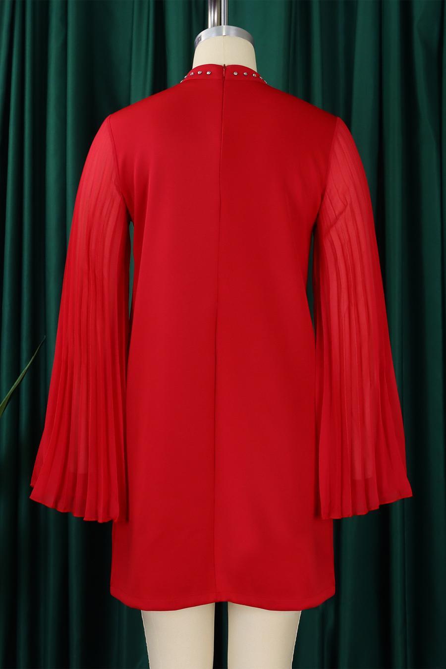 Rhinestone Collar Open Pleated Sleeve Mini Dress