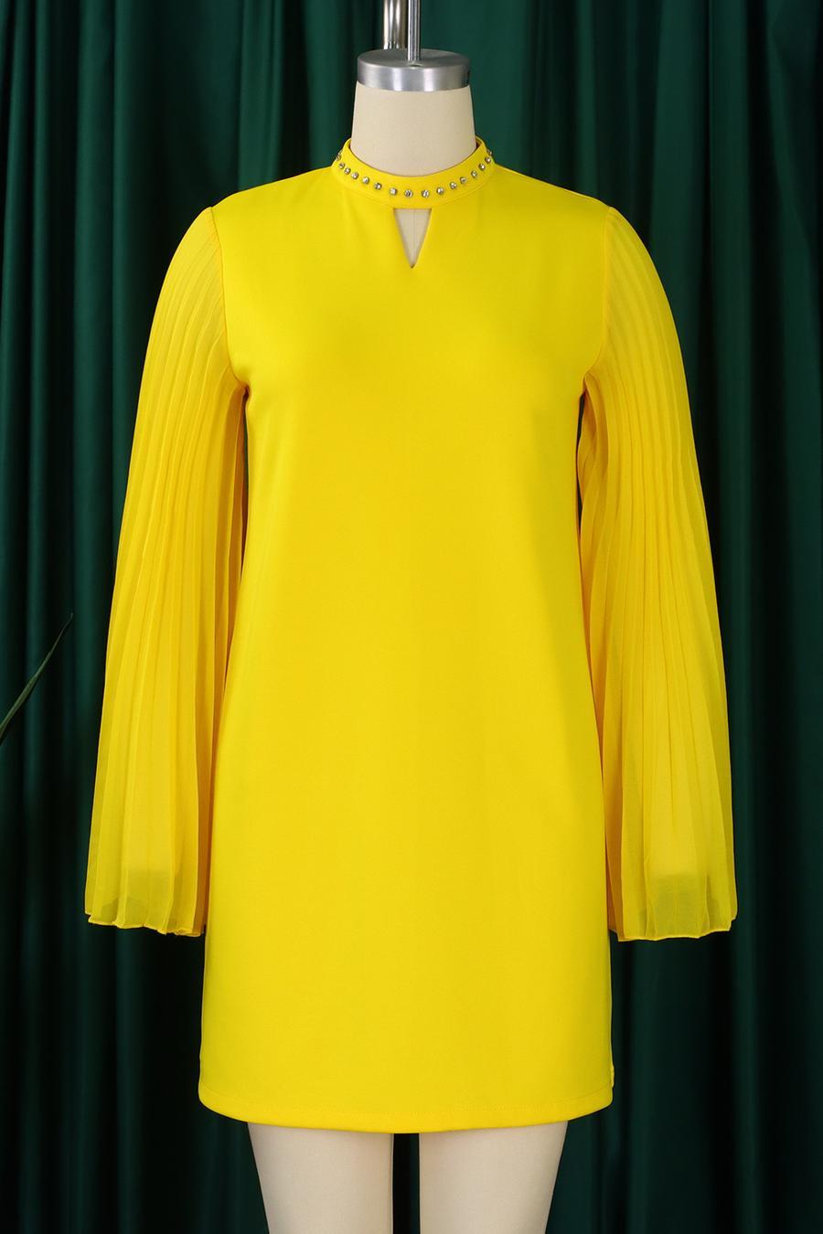 Rhinestone Collar Open Pleated Sleeve Mini Dress