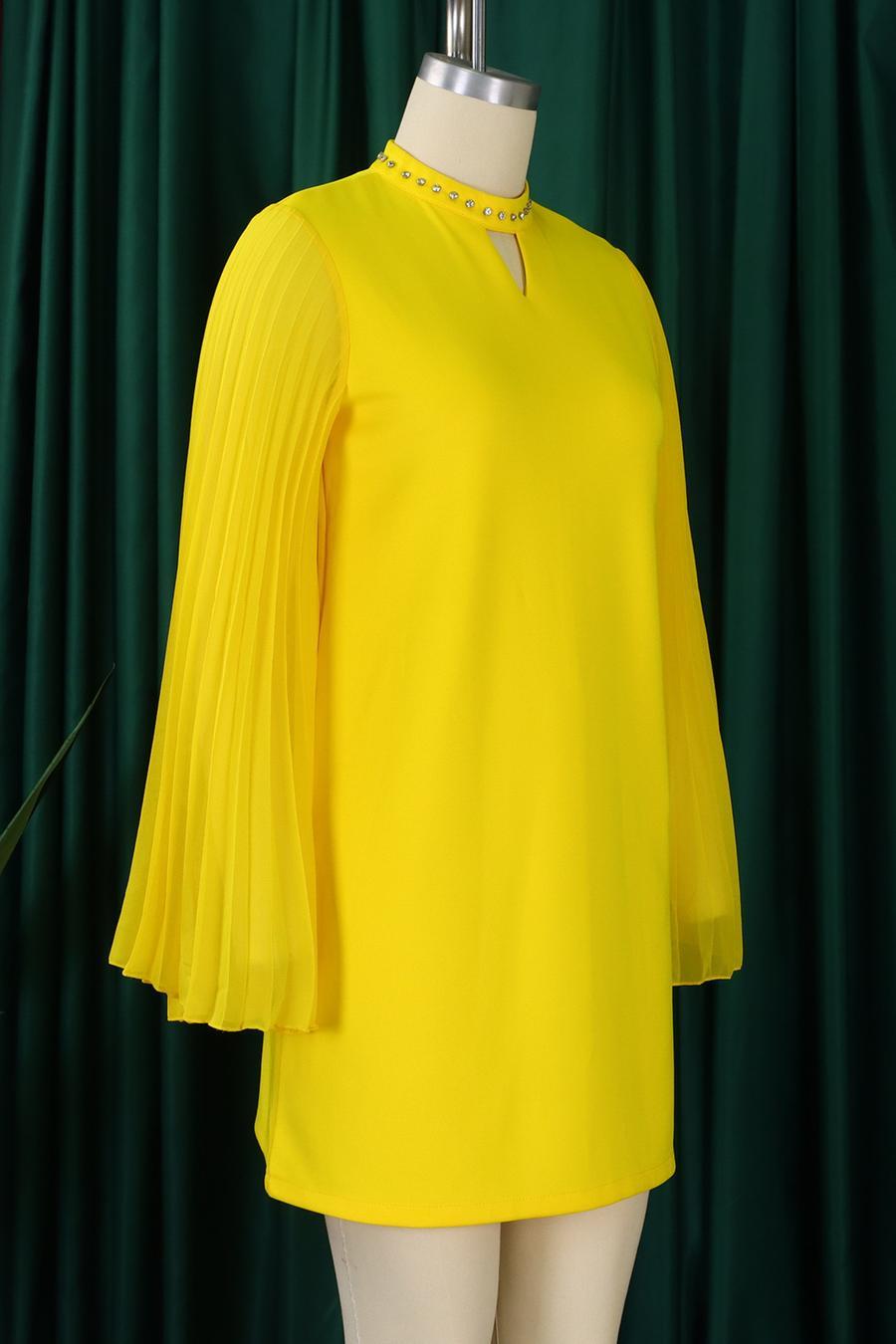 Rhinestone Collar Open Pleated Sleeve Mini Dress