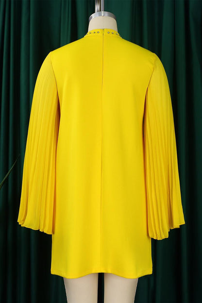 Rhinestone Collar Open Pleated Sleeve Mini Dress