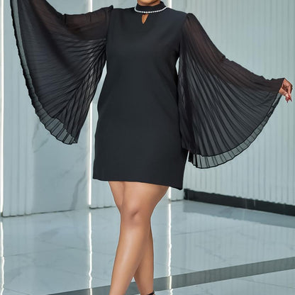Rhinestone Collar Open Pleated Sleeve Mini Dress
