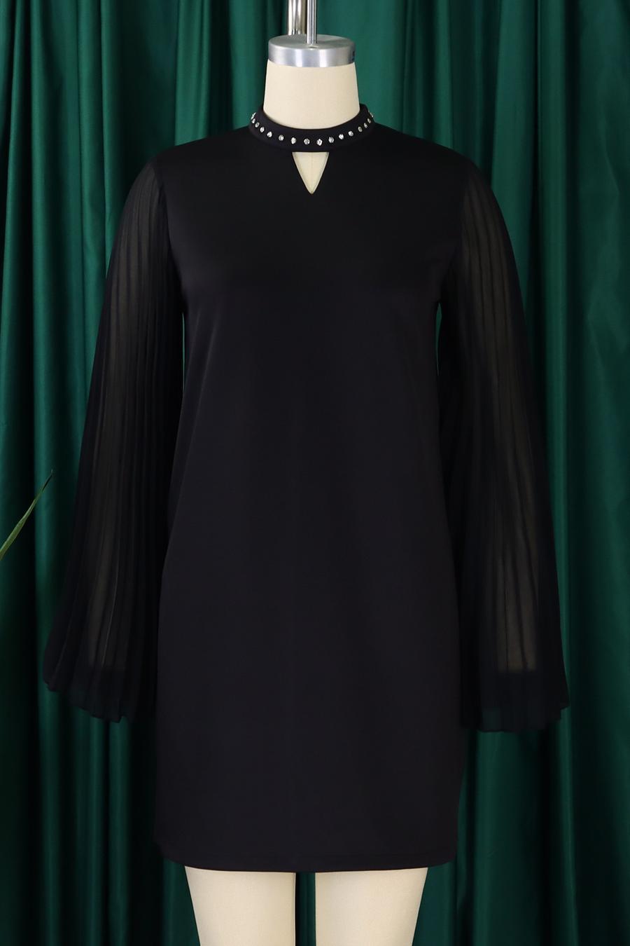 Rhinestone Collar Open Pleated Sleeve Mini Dress