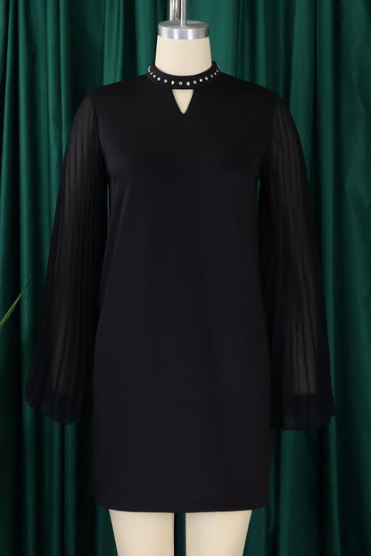 Rhinestone Collar Open Pleated Sleeve Mini Dress