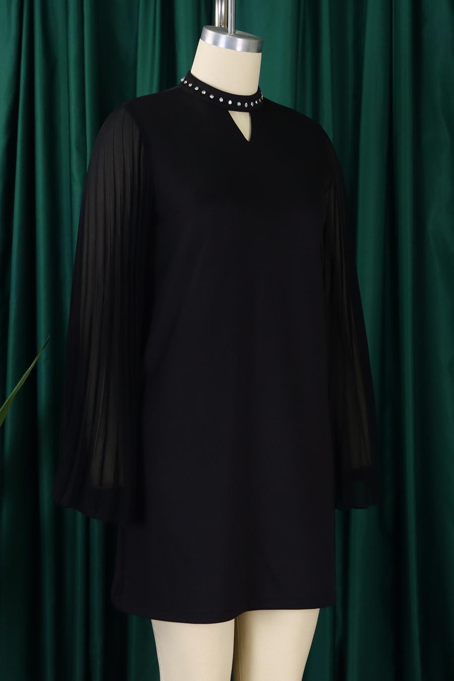 Rhinestone Collar Open Pleated Sleeve Mini Dress