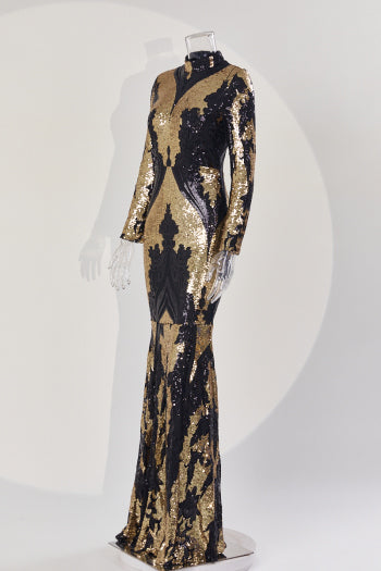 Elegant Sequin Padded Long Sleeve Maxi Dress - High Quality Slight Stretch Gown