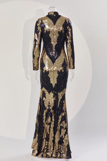 Elegant Sequin Padded Long Sleeve Maxi Dress - High Quality Slight Stretch Gown