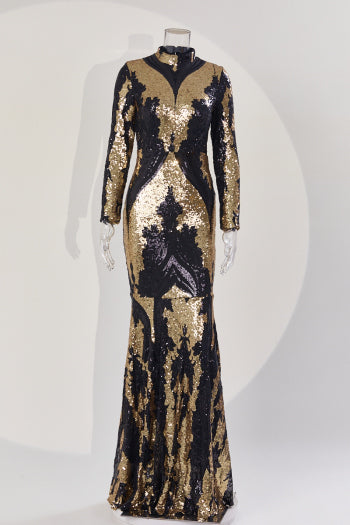Elegant Sequin Padded Long Sleeve Maxi Dress - High Quality Slight Stretch Gown