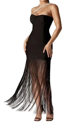 Sparkling Rhinestone Strap Tassel Maxi Dress: Elegant Stretch Fit, Party Ready