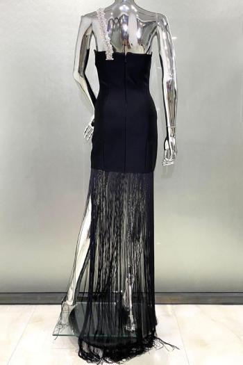 Sparkling Rhinestone Strap Tassel Maxi Dress: Elegant Stretch Fit, Party Ready