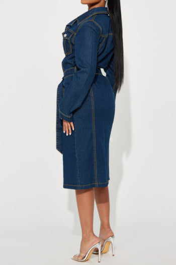 Stylish Plus Size Non-Stretch Denim Midi Dress with Adjustable Belt