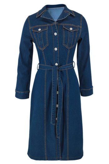 Stylish Plus Size Non-Stretch Denim Midi Dress with Adjustable Belt