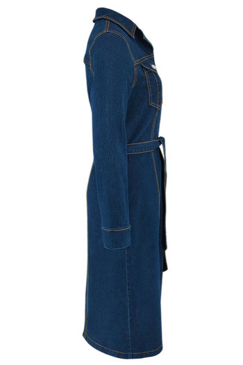 Stylish Plus Size Non-Stretch Denim Midi Dress with Adjustable Belt