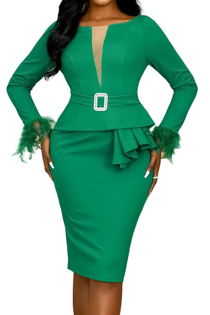 Green dress with ruffled sleeves and a belt on a peach background