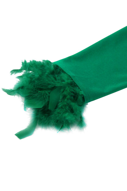 Emerald Elegance Feather Cuff Midi Dress