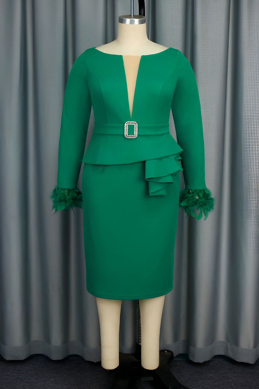 Emerald Elegance Feather Cuff Midi Dress