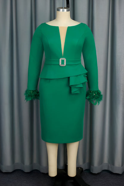 Emerald Elegance Feather Cuff Midi Dress