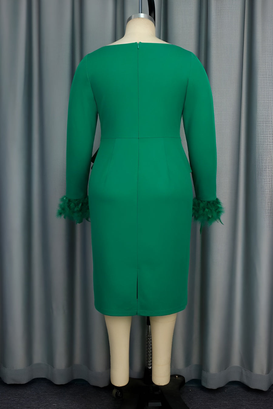 Emerald Elegance Feather Cuff Midi Dress