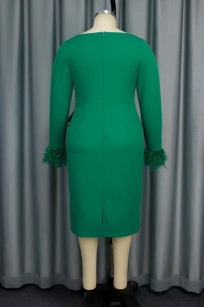 Emerald Elegance Feather Cuff Midi Dress