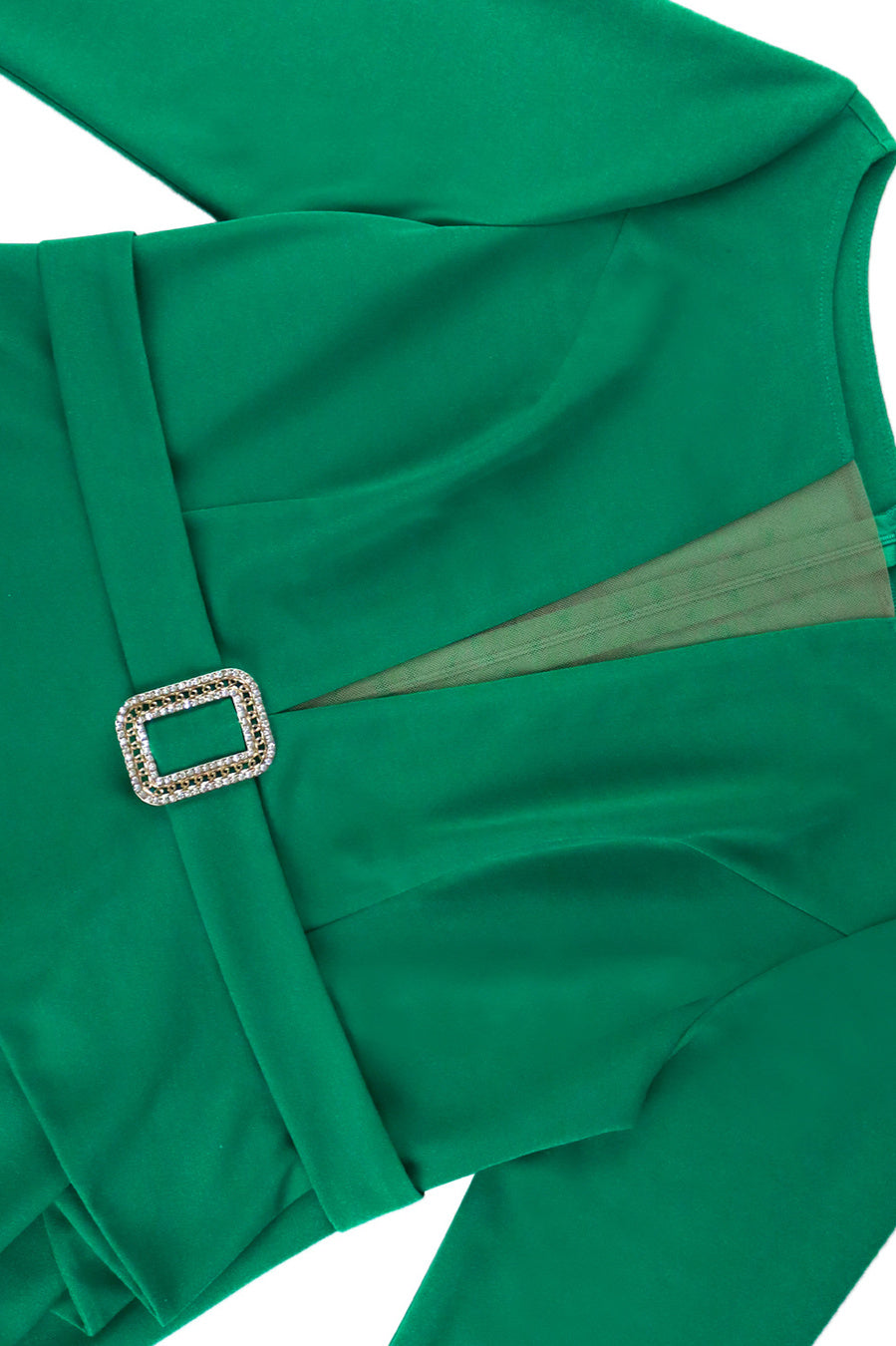 Emerald Elegance Feather Cuff Midi Dress