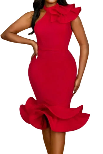 Red dress with ruffled details worn by a person, standing on steps.