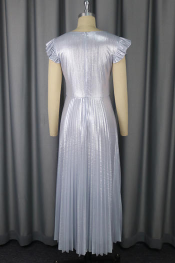 Plus Size Silver Rhinestone Pleated Maxi Dress, Ruffle V-Neck, Party