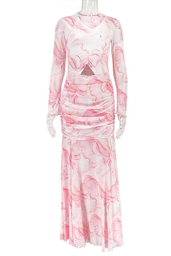 Vibrant Tie-Dye Slim Fit Maxi Dress with Shirring and Hollow Details