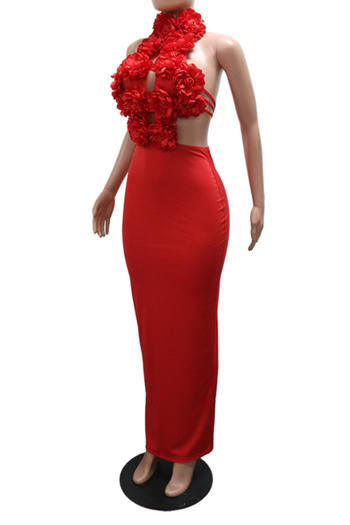Elegant Plus Size Floral Backless Slit Maxi Dress - Slight Stretch Comfort
