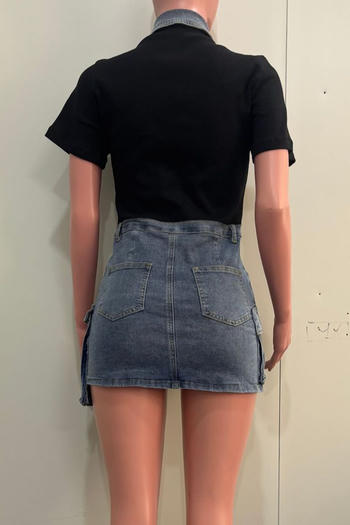 Chic Plus Size Denim Patchwork Mini Dress with Pockets and Stretch