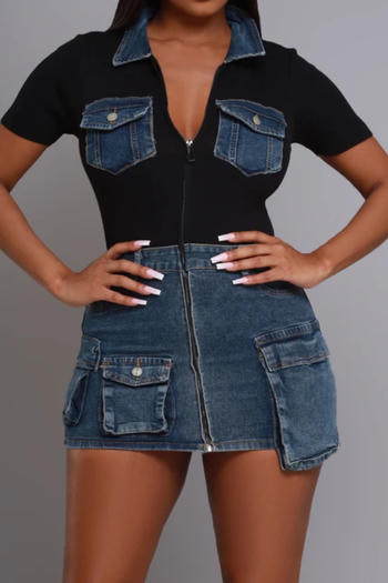 Chic Plus Size Denim Patchwork Mini Dress with Pockets and Stretch
